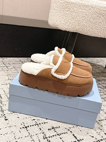 Okify Prada Brown Wool Women Slippers With Thick Soles And Covered Toe 2