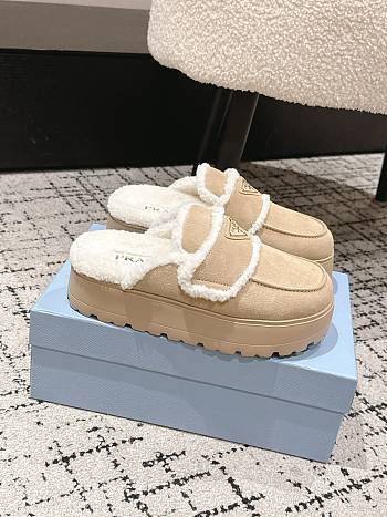 Okify Prada Cream Wool Women Slippers With Thick Soles And Covered Toe 2