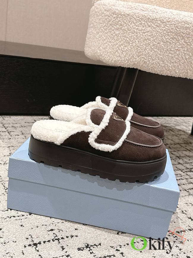 Okify Prada Dark Brown Wool Women Slippers With Thick Soles And Covered Toe 2 - 1