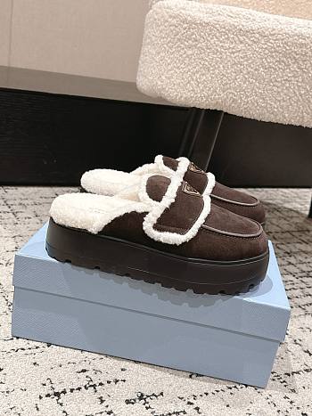 Okify Prada Dark Brown Wool Women Slippers With Thick Soles And Covered Toe 2