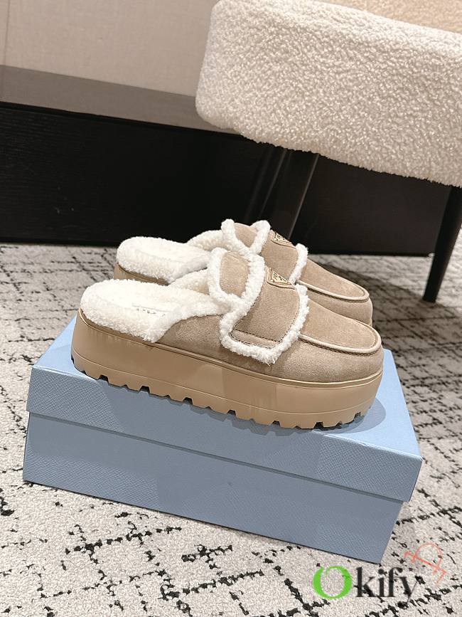 Okify Prada Beige Wool Women Slippers With Thick Soles And Covered Toe 2 - 1
