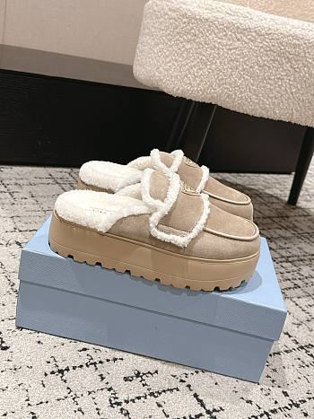 Okify Prada Beige Wool Women Slippers With Thick Soles And Covered Toe 2