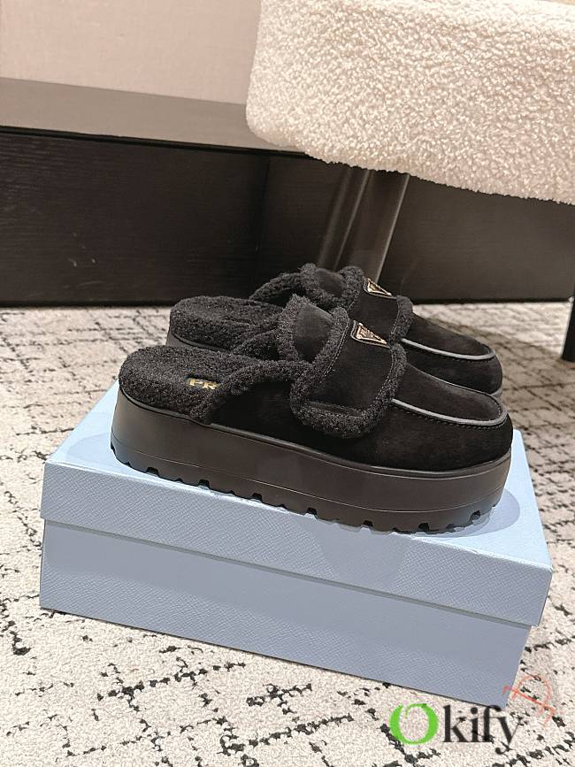 Okify Prada Black Wool Women Slippers With Thick Soles And Covered Toe 2 - 1