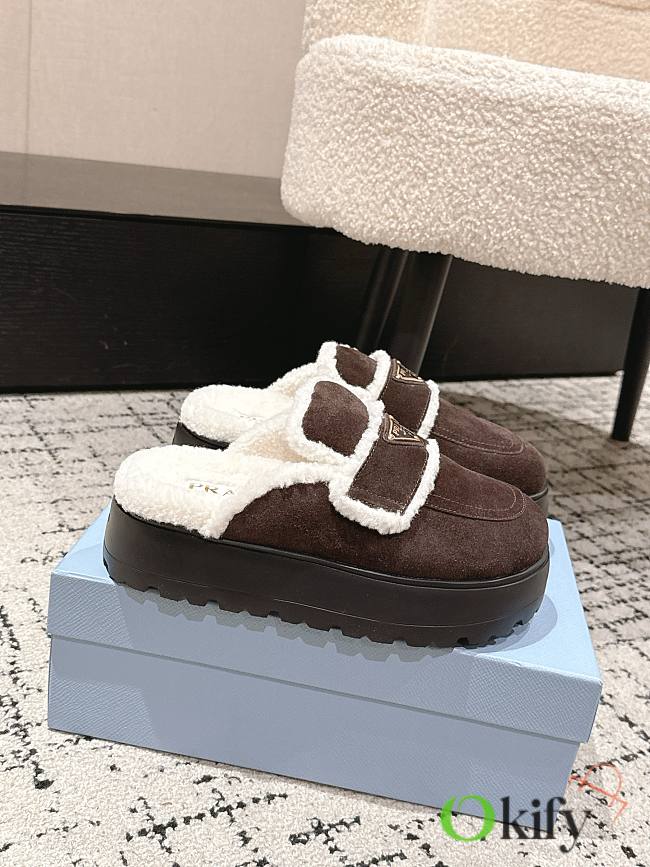 Okify Prada Dark Brown Wool Women Slippers With Thick Soles And Covered Toe 1 - 1