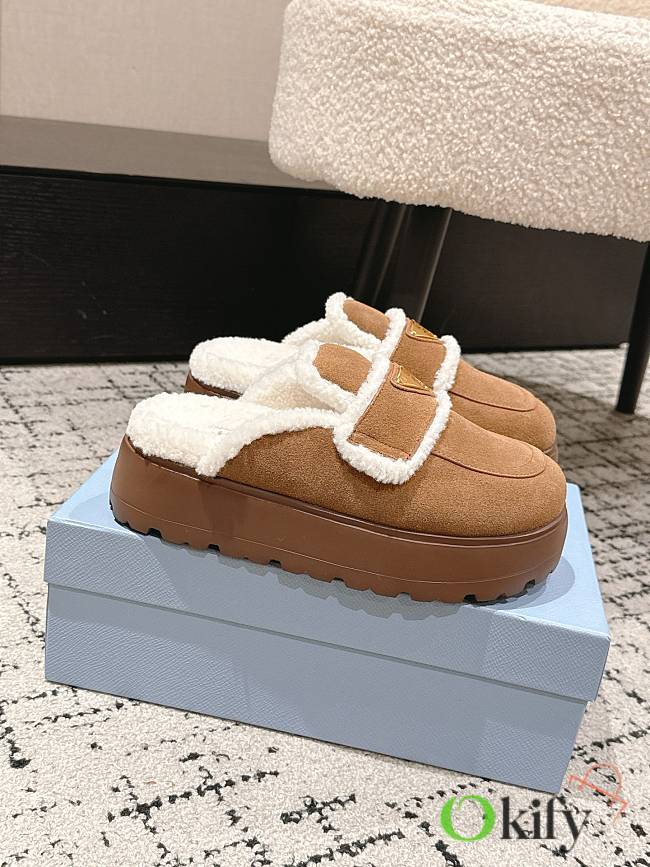 Okify Prada Brown Wool Women Slippers With Thick Soles And Covered Toe 1 - 1