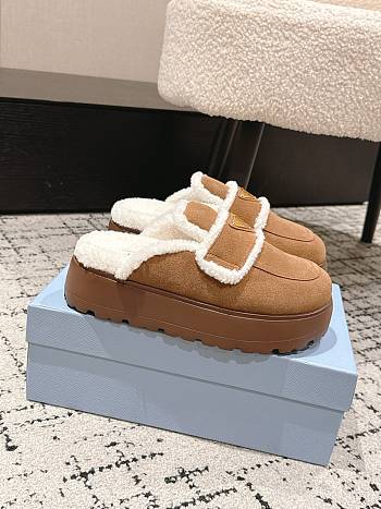 Okify Prada Brown Wool Women Slippers With Thick Soles And Covered Toe 1