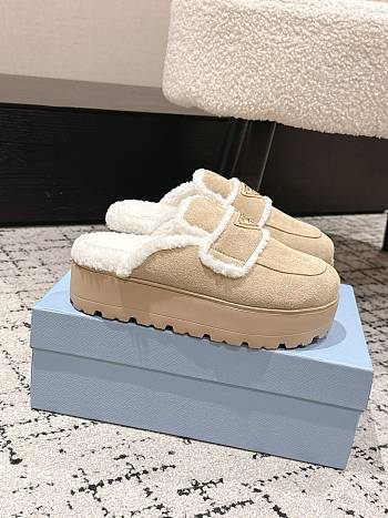 Okify Prada Cream Wool Women Slippers With Thick Soles And Covered Toe 1