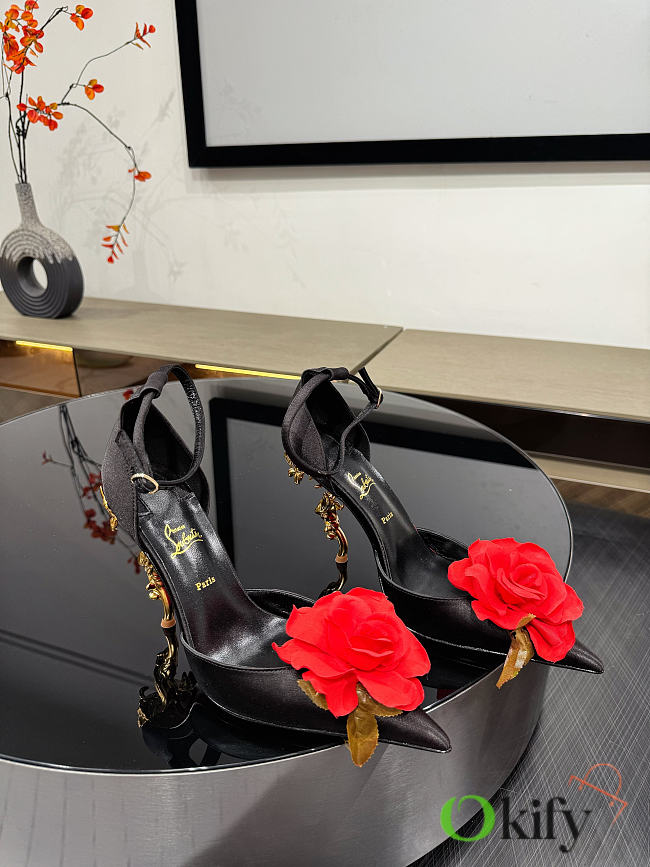 Okify Christian Louboutin Rose Black Satin Heels 11.5cm - 1