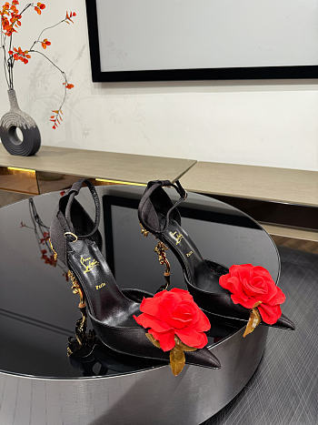 Okify Christian Louboutin Rose Black Satin Heels 11.5cm