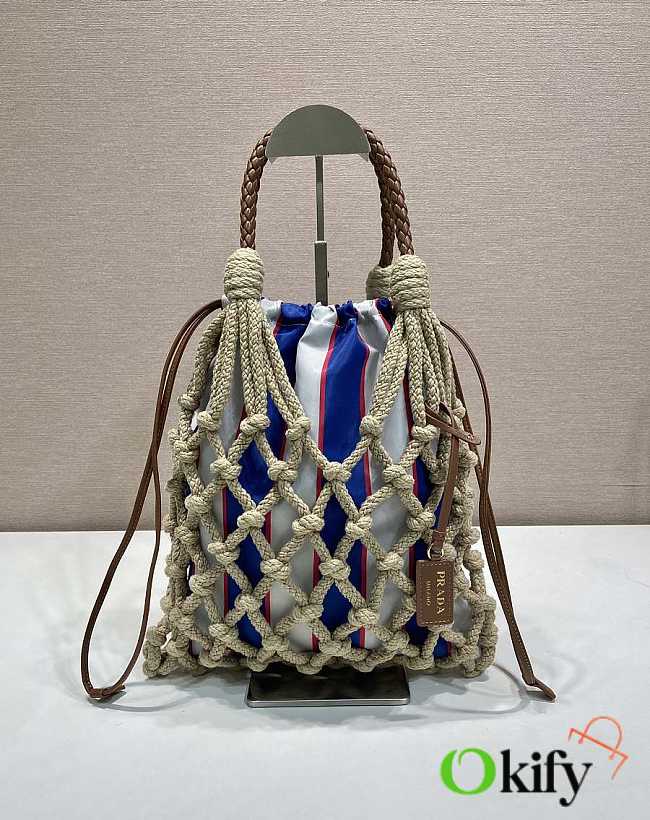 Okify Prada Noué Medium Cotton Macramé Bag Blue And White 1BC111 37x30cm - 1