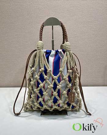 Okify Prada Noué Medium Cotton Macramé Bag Blue And White 1BC111 37x30cm