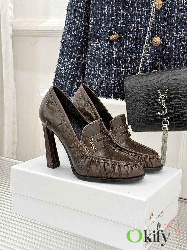 Okify YSL Dark Brown Horizontal Leather High Heels 10.5cm - 1