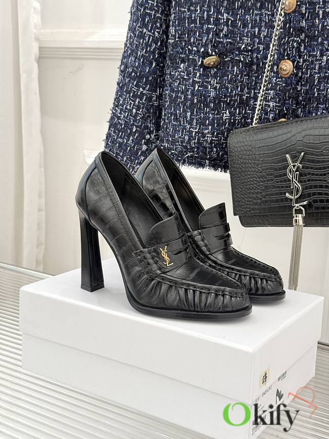Okify YSL Black Horizontal Leather High Heels 10.5cm - 1