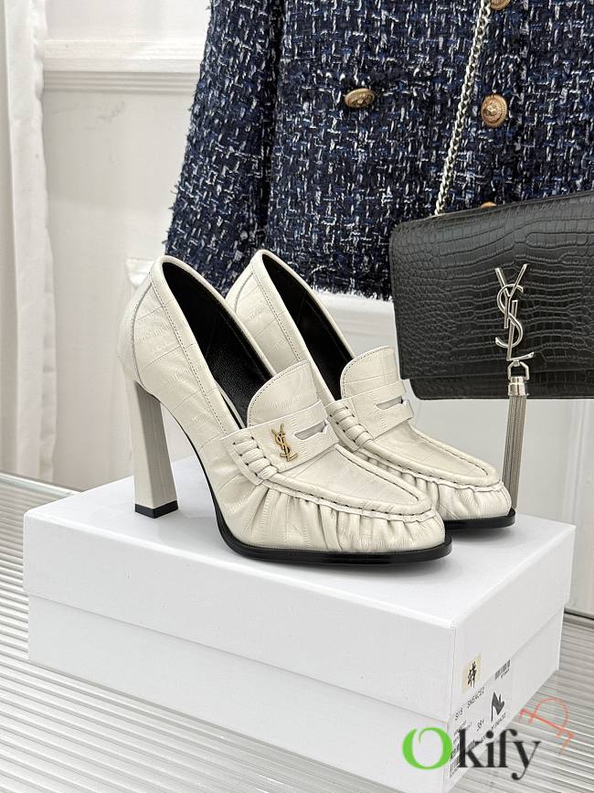 Okify YSL White Horizontal Leather High Heels 10.5cm - 1