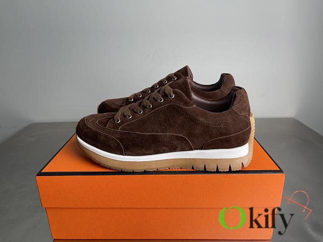 Okify Hermes Libera Dark Brown Suede Men Sneakers - 1