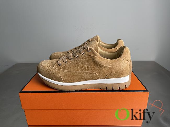 Okify Hermes Libera Brown Suede Men Sneakers - 1