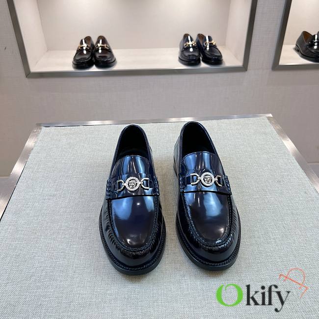 Okify Versace Dark Blue Patent Leather Men Loafers - 1