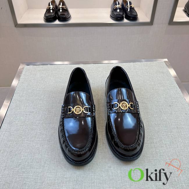 Okify Versace Dark Brown Patent Leather Men Loafers - 1