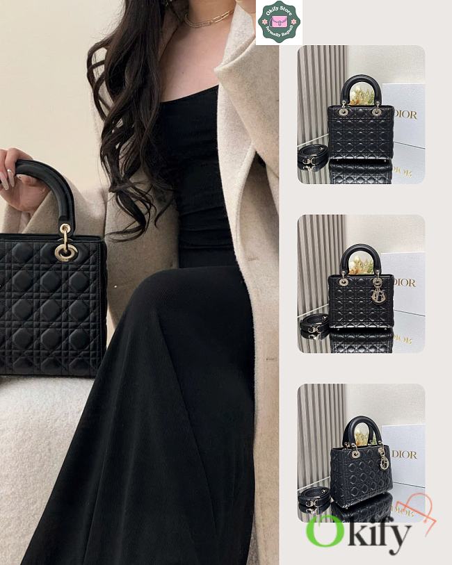 Okify Dior Lady Bag Black Lambskin Gold Hardware 24x20x11cm  - 1