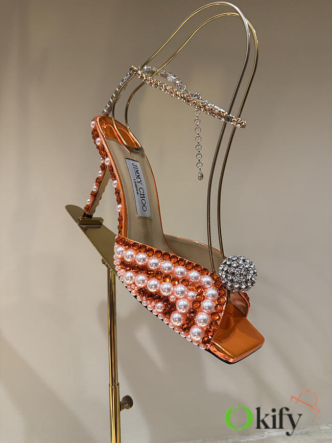 Okify Jimmy Choo Rhinestone Pearl Orange High Heels 8.5cm - 1