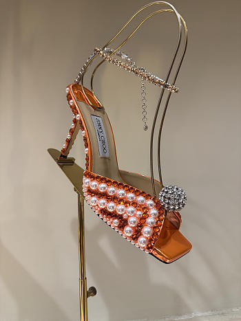 Okify Jimmy Choo Rhinestone Pearl Orange High Heels 8.5cm