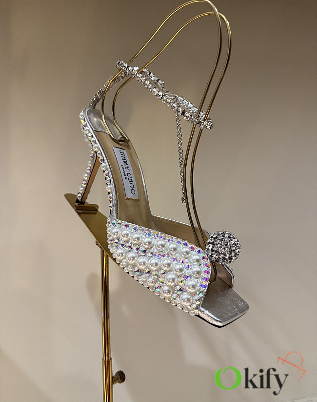 Okify Jimmy Choo Rhinestone Pearl Silver High Heels 8.5cm - 1