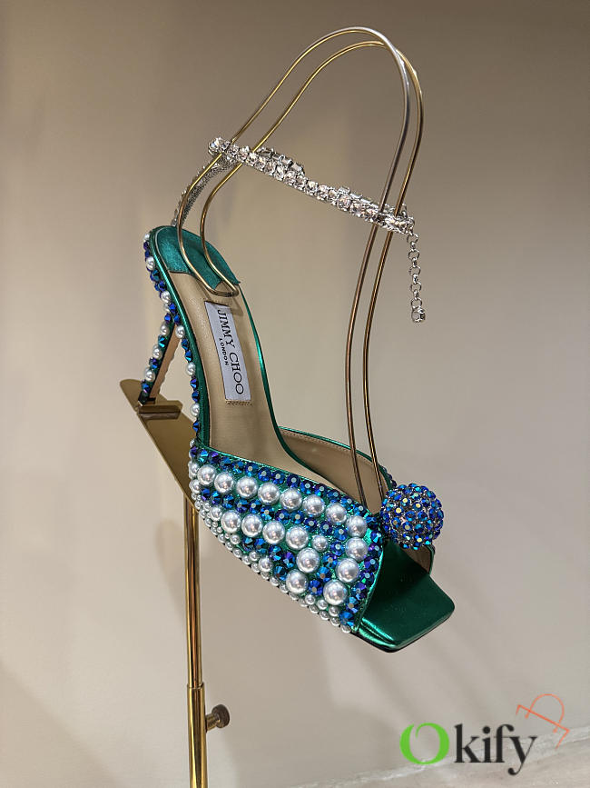 Okify Jimmy Choo Rhinestone Pearl Emerald Green High Heels 8.5cm - 1