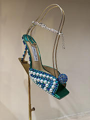 Okify Jimmy Choo Rhinestone Pearl Emerald Green High Heels 8.5cm - 1