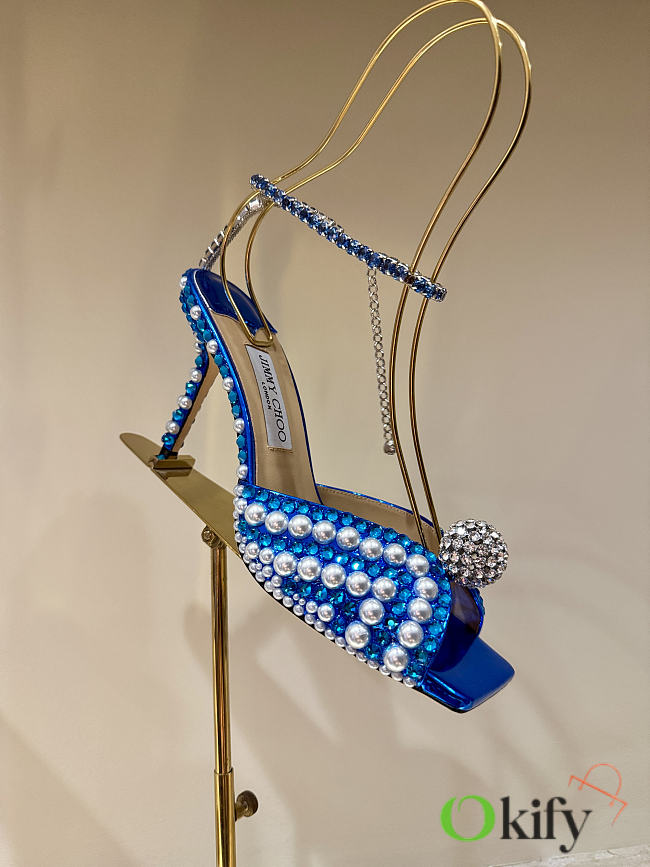 Okify Jimmy Choo Rhinestone Pearl Dark Blue High Heels 8.5cm - 1