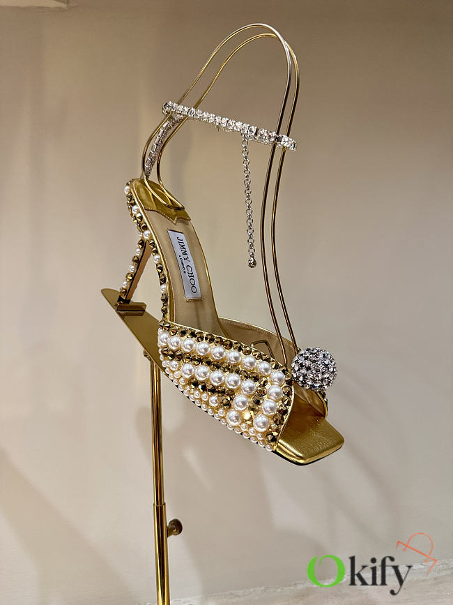Okify Jimmy Choo Rhinestone Pearl Gold High Heels 8.5cm - 1