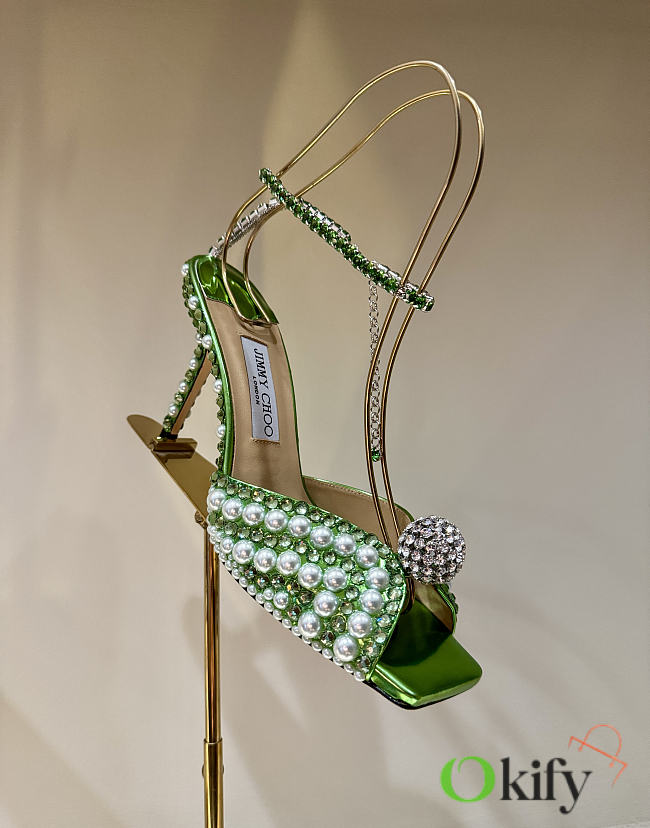 Okify Jimmy Choo Rhinestone Pearl Green High Heels 8.5cm - 1