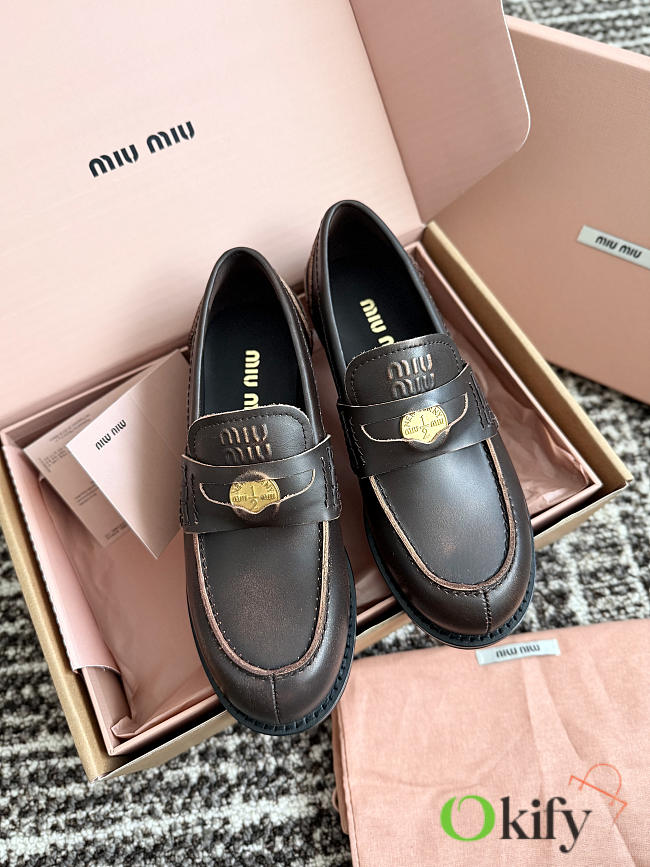 Okify MiuMiu Gold Coin Brown Women Loafers - 1