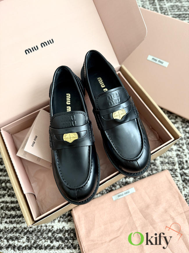 Okify MiuMiu Gold Coin Black Women Loafers - 1