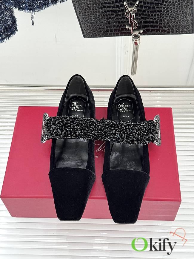 Okify Roger Vivier Rhinestone Buckle Black Velvet Mary Jane Shoes - 1