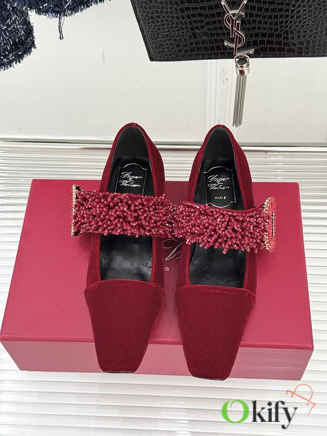 Okify Roger Vivier Rhinestone Buckle Red Velvet Mary Jane Shoes - 1