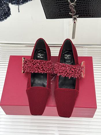Okify Roger Vivier Rhinestone Buckle Red Velvet Mary Jane Shoes