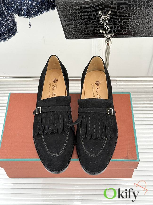 Okify Loro Piana Tassel Black Suede Women Loafers  - 1