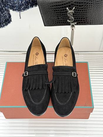 Okify Loro Piana Tassel Black Suede Women Loafers 