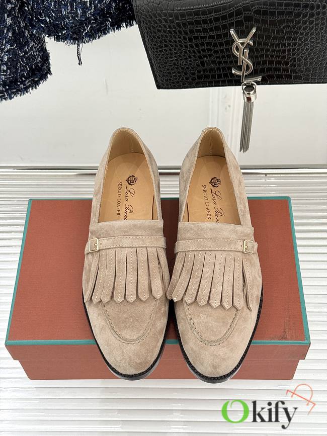 Okify Loro Piana Tassel Beige Suede Women Loafers  - 1