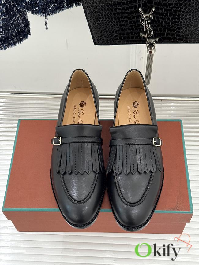 Okify Loro Piana Tassel Black Leather Women Loafers  - 1