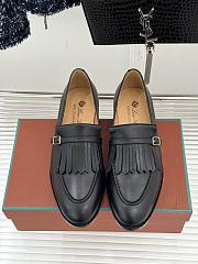 Okify Loro Piana Tassel Black Leather Women Loafers  - 1