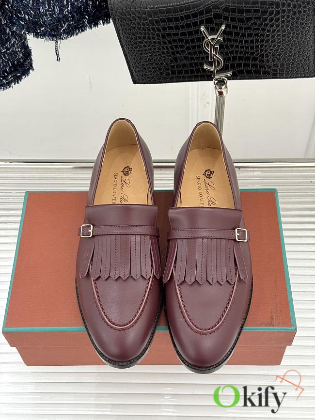Okify Loro Piana Tassel Red Burgundy Leather Women Loafers  - 1
