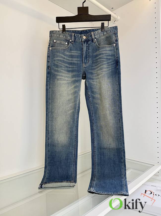 Okify Dior Washed Blue Slim-Leg Classic Five-Pocket Men Jeans - 1
