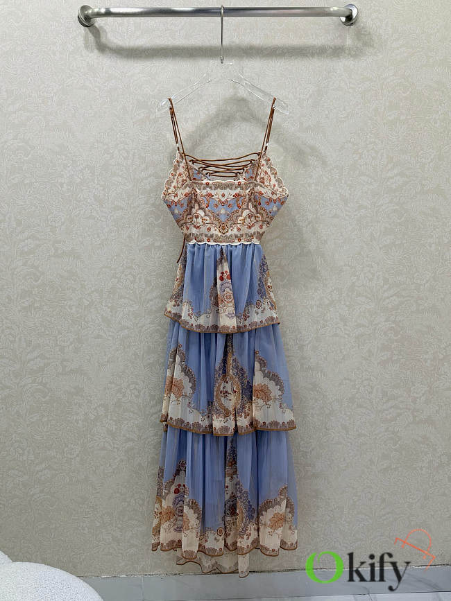 Okify Zimmermann Spaghetti Strap Shoulder Tie Back Hollow-Out Floral Color Block Dress  - 1