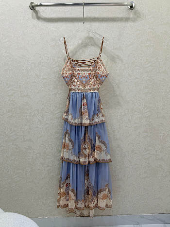 Okify Zimmermann Spaghetti Strap Shoulder Tie Back Hollow-Out Floral Color Block Dress 