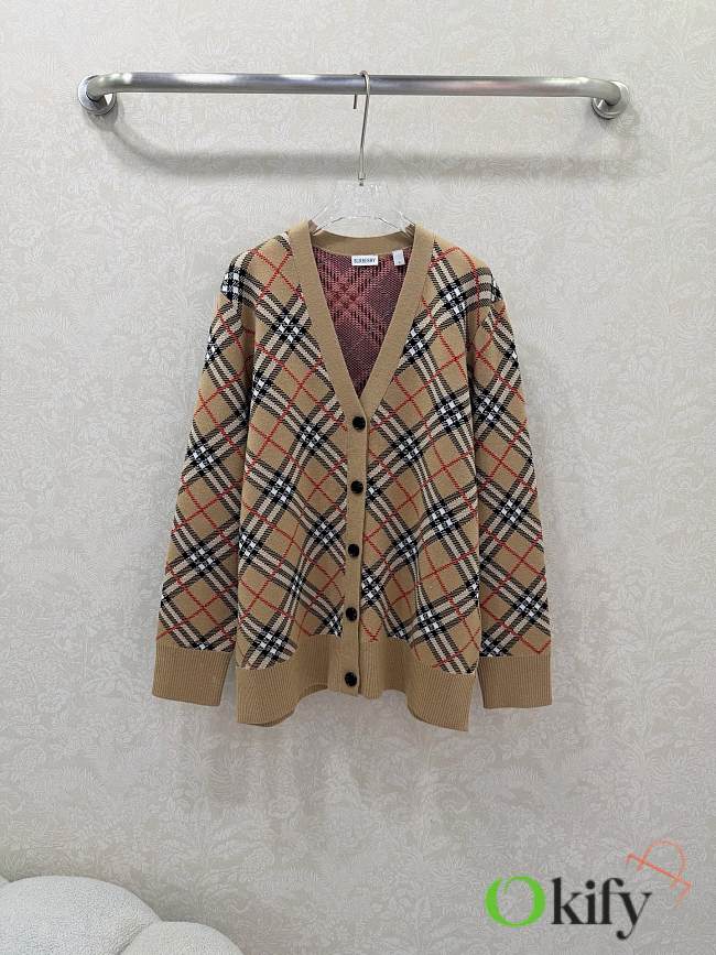 Okify Burberry Twill V-neck Knit Cardigan - 1