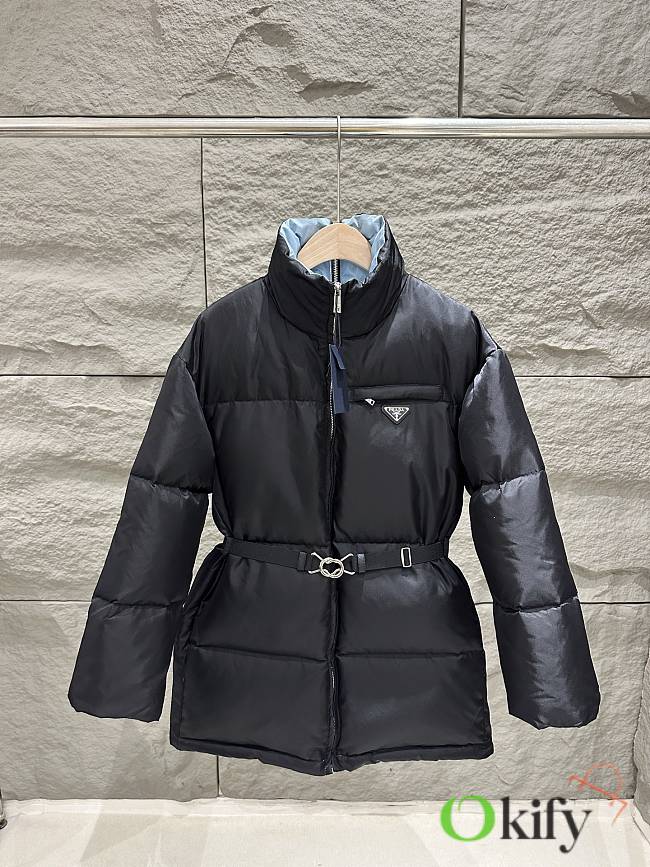 Okify Prada Black Stand-up Collar Women Down Jacket With Belt - 1