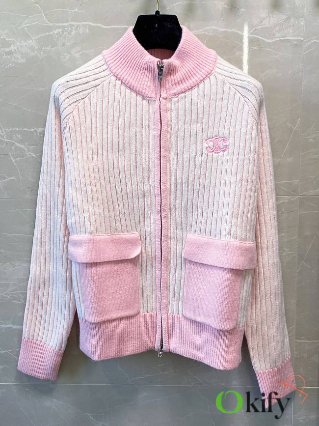 Okify Celine Pink Ribbed Knit Jacket - 1