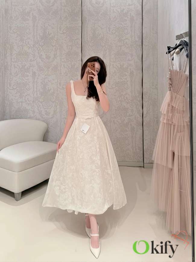 Okify Dior White Lace Print Belt Dress - 1