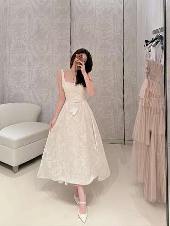 Okify Dior White Lace Print Belt Dress